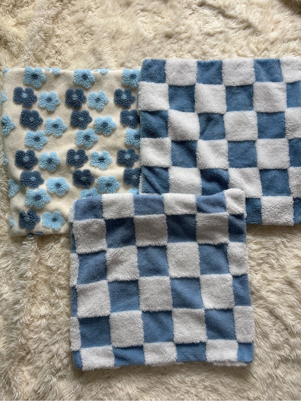 Blue and White Checker Plush Throw Pillow Covers (Set of 3)
